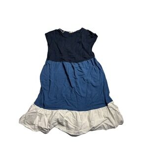 52Seven Colorblock Cap Sleeve Linen Blend Dress Womens M Blue/White Coastal Boho